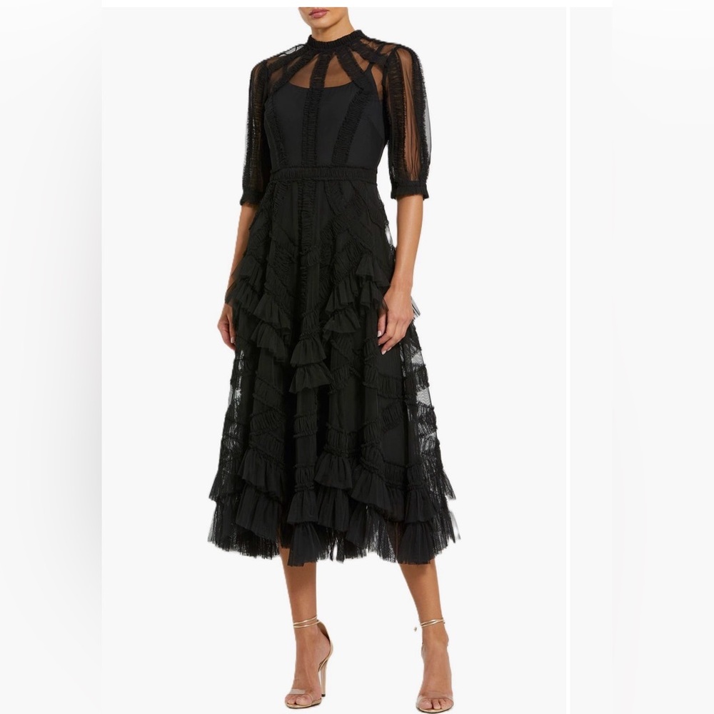 Mac Duggal Elegant Black Midi Dress with Ruffles